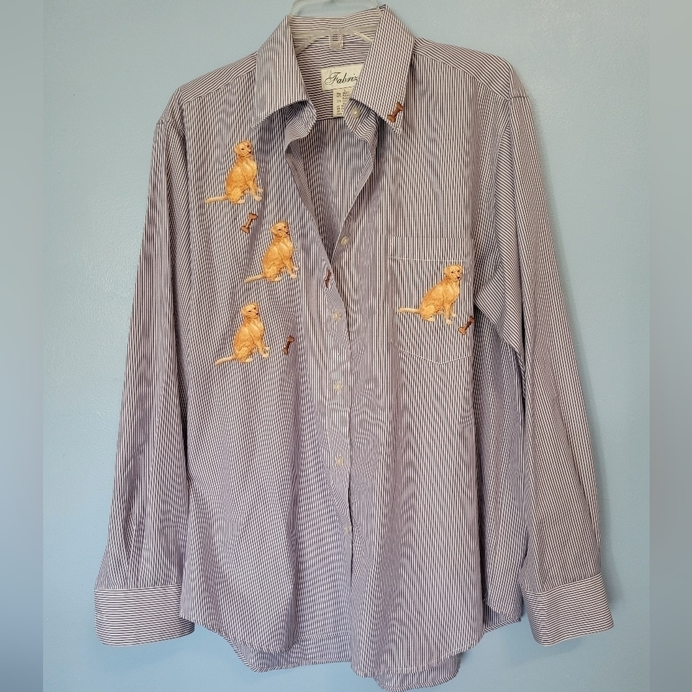 Fabrizio Stripe Embroidered Golden Retriever Button-down Shirt Blue L